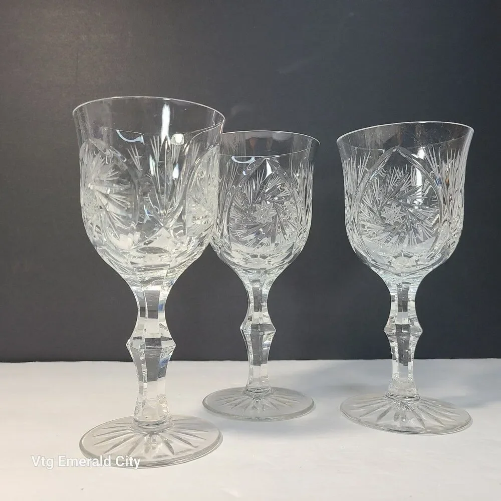 Vtg American Cut Crystal Co. ELEANOR Star & Fan Cut Pattern Wine Goblet Set Of 3